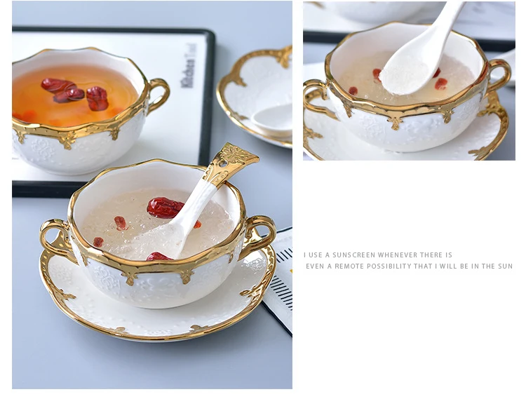 FANTERCY Tableware Creative Ceramic Bird's Nest Hotel Double Ear Soup Stewed Dessert Bowl Tray Flower Shaped Porcelain Bowls