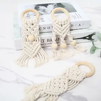

Baby Boho Teething Ring Wooden Teether Crochet Cotton Sensory Toy Gym Frame Rack Pendant Infant Room Decoration Gifts