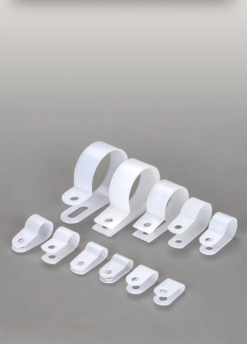 100 Stück Kabelklemmen, R-Typ, Nylonklemme, Kunststoff, weiße Schlauchbefestigungen, langlebige Montage, Fix-Hardware, elektrische Montage, Drahtmanagement – Detail 4