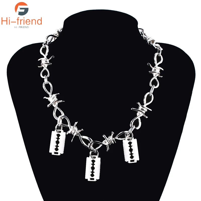 

Punk Personality Thorns Chain Necklace Cool Razor Blade Pendant Silver Color Necklace for Women Men Hip Hop Nightclub Jewelry