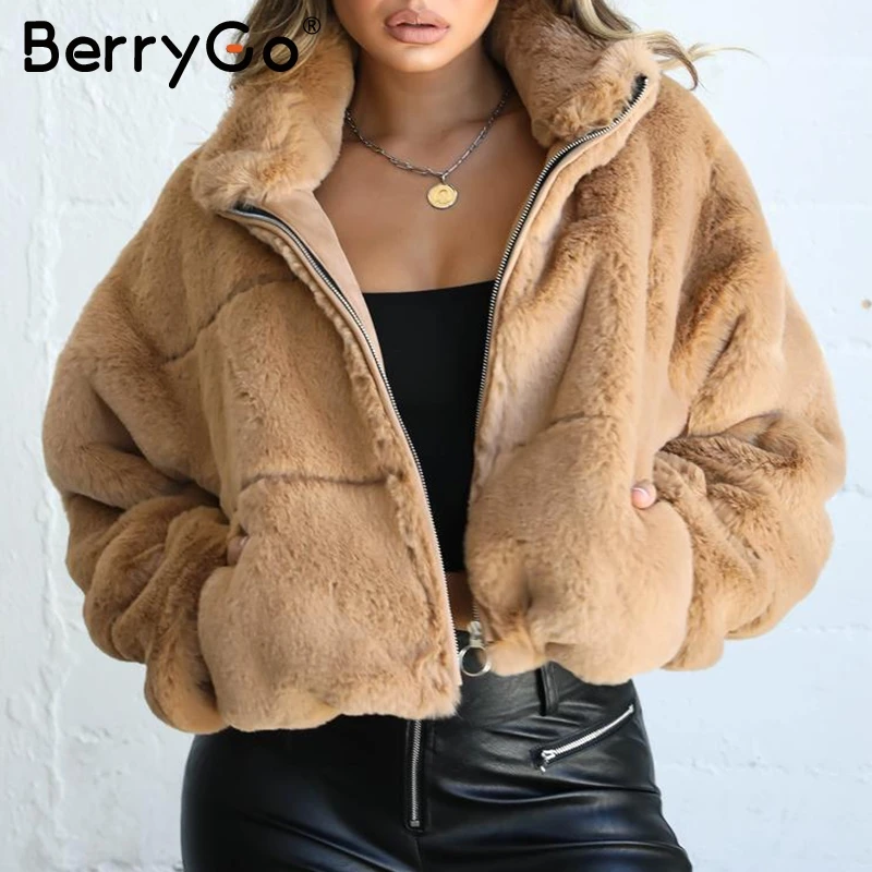 BerryGo, плотное пушистое пальто из искусственного меха, женское повседневное мягкое зимнее пальто на молнии, верхняя одежда, пальто из искусственного меха, уличная одежда, женские куртки