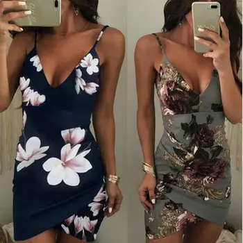 

New Cocktail Club Sexy Women Floral Print Deep V Backless Bodycon Mini Strappy Dress