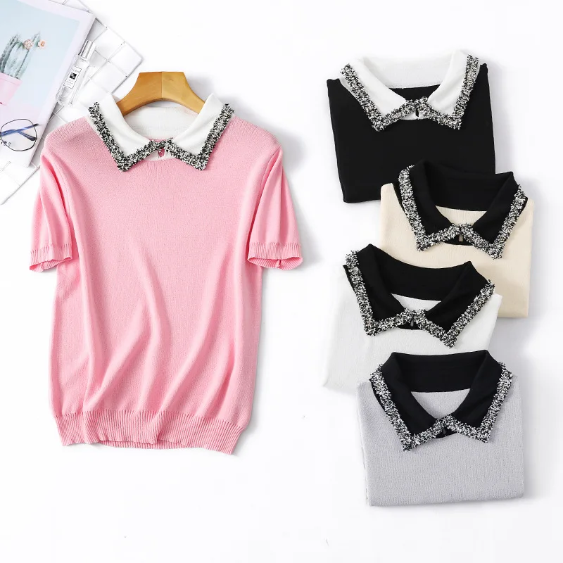 

2022 Ins New Summer Shirts Knitted Women Knit Shirts Fashion Short Sleeve Women Knit Shirts Tops