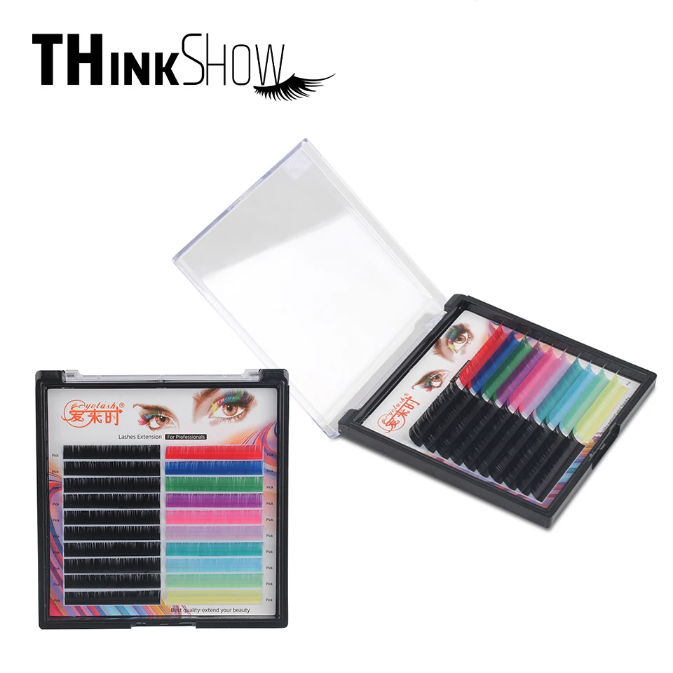 

THINKSHOW Black Colorful Two-in-one Combo Eyelash Extension Tray 0.07mm C/D Curl 8-15mm 20 Rows Easy Fan Rainbow Volume Lashes