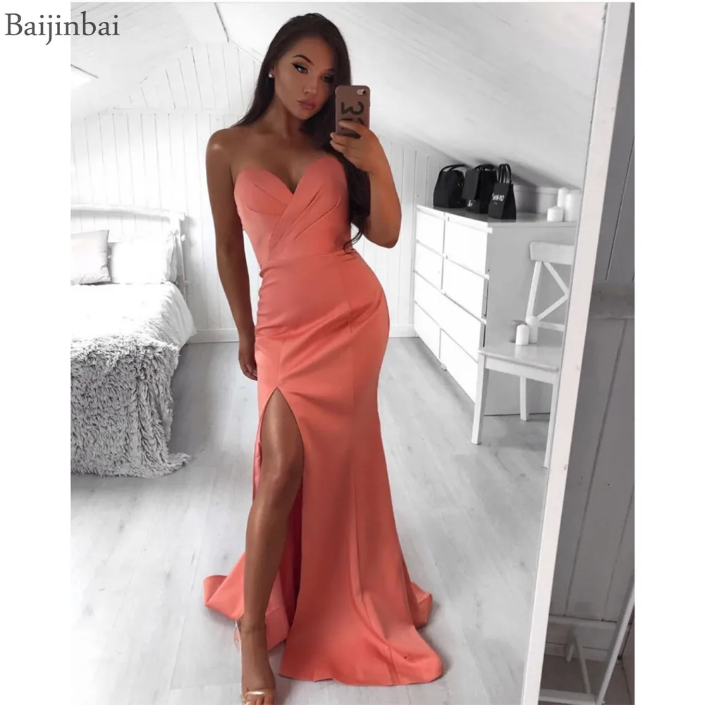 

Baijinbai Pleated Sweetheart Prom Dresses Coral Satin Formal Pageant Gowns Robe De Soiree With Train Party Evening Dress Slit