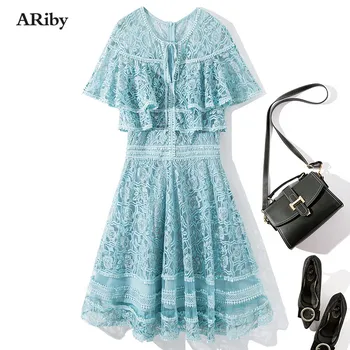 

ARiby 2020 Summer Dress New Fashion Party Cape Poncho Style Dress Women Appliques Lace Embroidery Slim Fit & Flare Blue Pink Dre