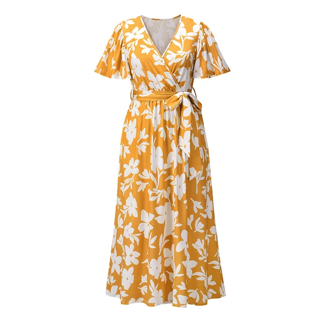 2021 Summer Floral Print V neck Dress 