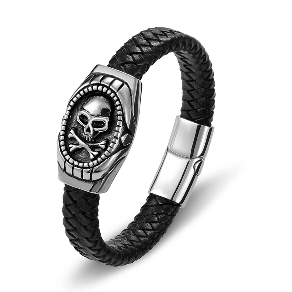 Fashion Charm Stainless Steel Magnetic Black Genuine Leather Braided Men Bracelet Jewelry Skull Rope Punk Wholesale Accessories
