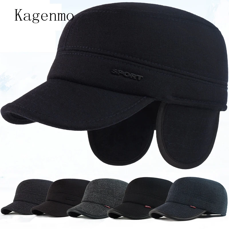 Kagenmo, теплая зимняя мужская шапка с ушками, теплая, ветрозащитная, шерстяная, толстая, модная, плоская, с козырьком, Солнцезащитная шляпа