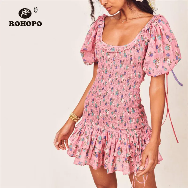 

ROHOPO Puff Sleeve Drawstring Cuff Smocking Body Ruffles Pink Dress Pink Cascading Ruffled Cute Floral Plaid Mini Vestido #9145