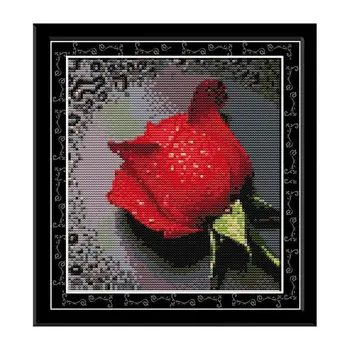 

DIY Handmade Needlework Cross Stitch Set Embroidery Kit 14CT Rose with Dew Pattern Cross-Stitching 21*22cm Home Decoration