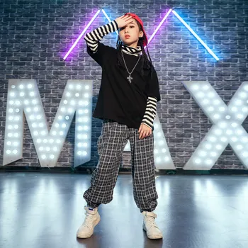 

2020 Girls Hiphop Jazz Dance Costumes Children's Street Dance Suit Long Sleeve Plaid Pants Autumn Korean Children's Hip Hop Tie