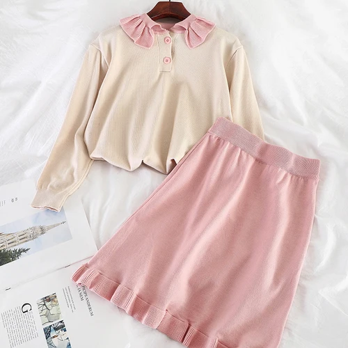 pink Neploe/осенние женские вязаные комплекты из двух предметов контрастный цвет, свитер с оборками и воротником+ юбка в стиле преппи, повседневные Костюмы 54856 - Цвет: pink