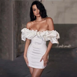 Mini Satin Cocktail Dresses Strapless Ruffled Sleeveless Sexy Prom Dress For Women White Pleated Sheath Mermaid Short Dress