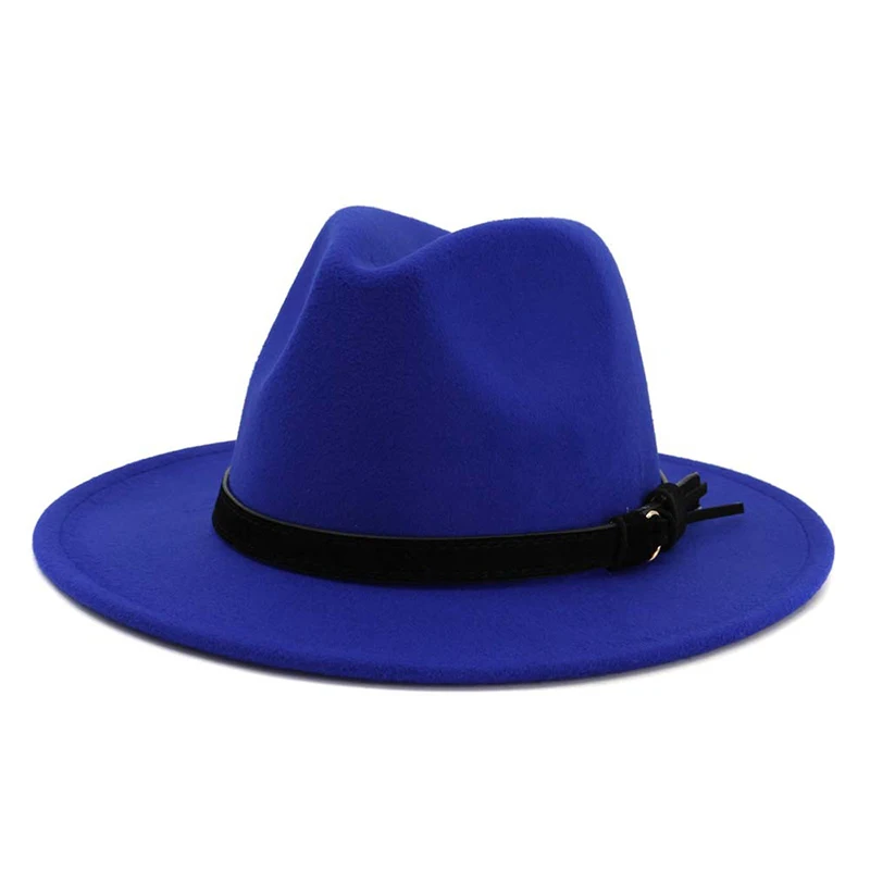 Royal Blue FS для женщин и мужчин шерсть фетровая шляпа с кожаной лентой джентльмен Элегантная Леди Зима Осень Джаз Панама сомбреро Кепка - Цвет: Royal Blue
