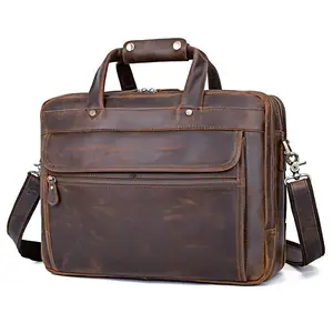 Vintage Brown Genuine Crazy Horse Leather Executive Men Briefcase with YKK Zipper Portfolio 14'' 15.6'' Laptop Messenger Bag