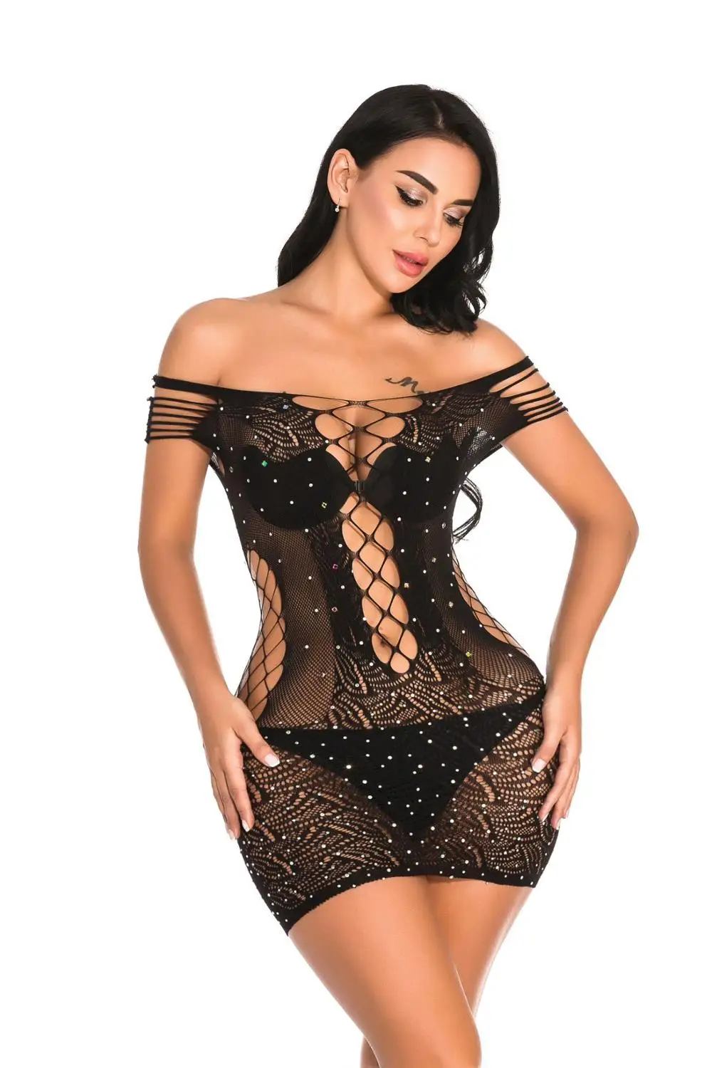 Sexy Lingerie Babydoll Fishnet Bling Club Body Mujer Bodysuit Hollow Out Off Shoulder See Through Women Sexy Mesh Stockings,women underwear,sexy lingerie