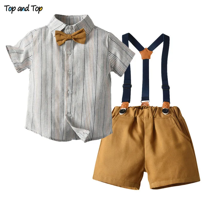 Top and Fashion Children Boy Clothes Casual Short Sleeve Striped Shirt Tops with Bowtie+Strap Shorts Sets Formal Suit |