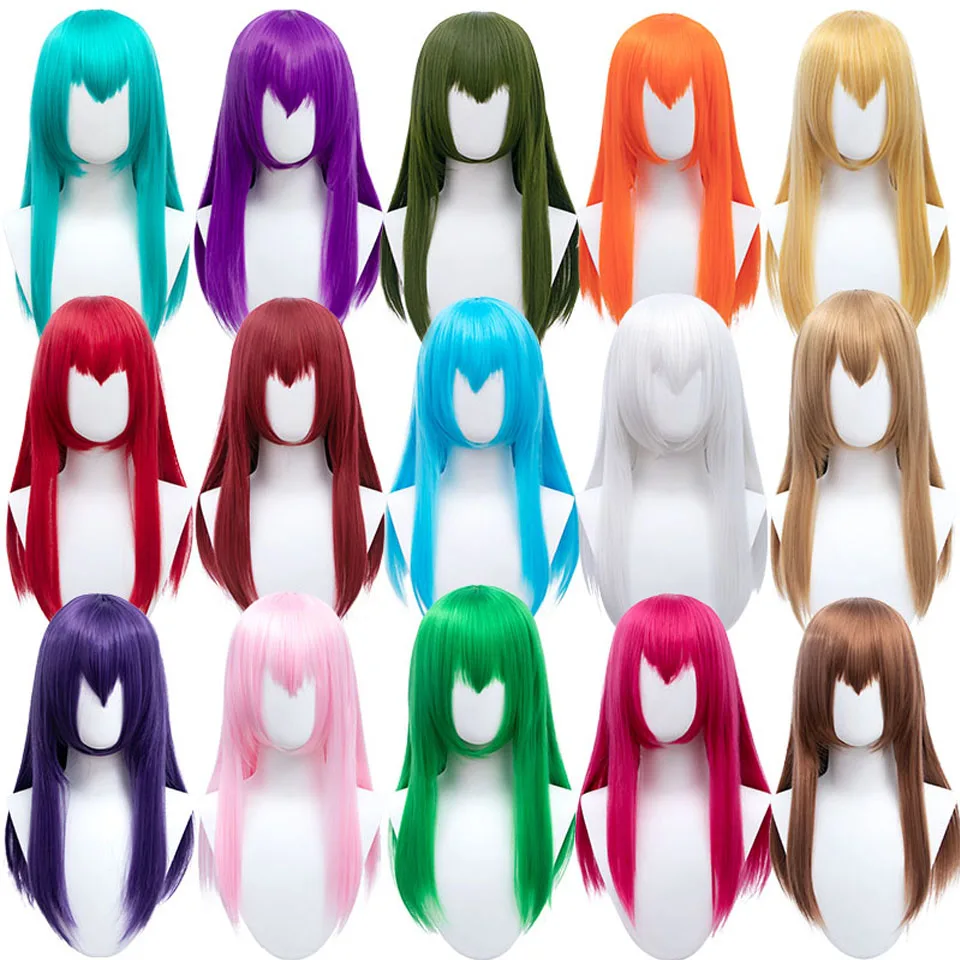 

AOSIWIG 60cm Long Straight Lolita Cosplay Party Pink Purple Blue Wig Synthetic Hair Women's Wig With Bangs Female Daily Wear