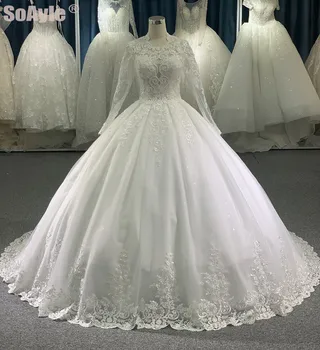 شراءSoAyle ساطع تول الدانتيل الأميرة الزفاف فستان بأكمام طويلة الخرز زائد حجم الأبيض الكرة ثوب الزفاف Vestido De Novia