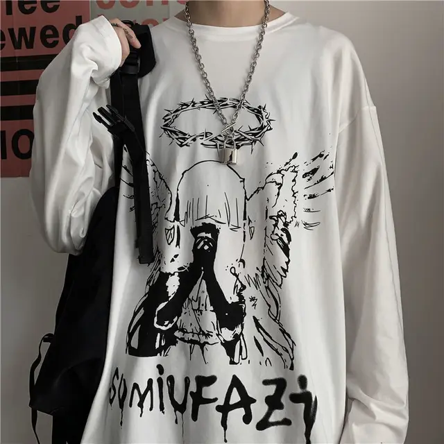 QWEEK Harajuku Gothic Angle Print T-shirt Women's 2021 Streetwear Long Sleeve Black Tops Alt Clothes Pastel Mall Goth Trendy White