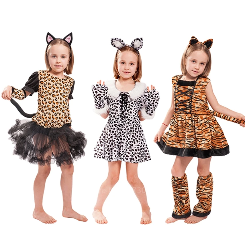 Girls Cute Cartoon Animal Cosplay Costumes Fancy Halloween Carnival KIds Tiger Leopard Purim Party Print Dresses With Headband