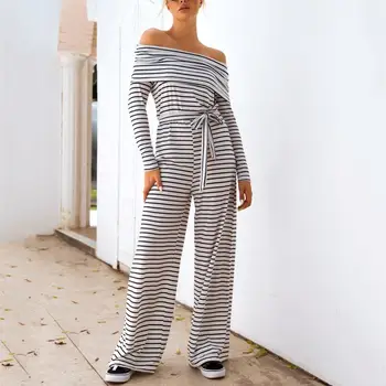 

Hot Elegant Striped Rompers Women Long Sleeve Casual Wide Legs Jumpsuit One-shoulder striped print lace-up long-sleeved jumpsu