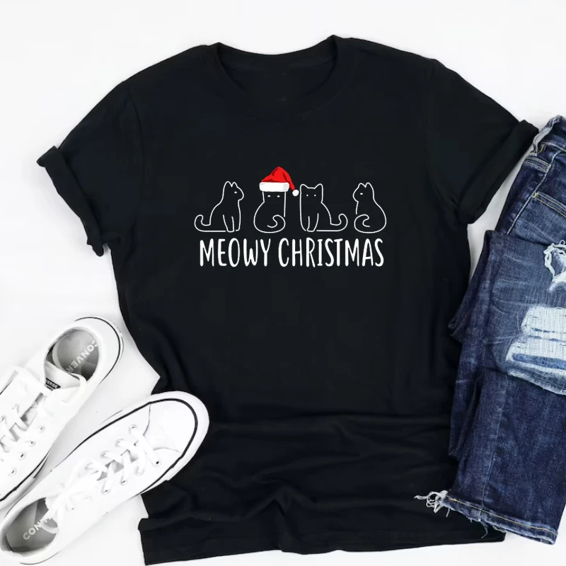 

Meowy Christmas Women T Shirts Cotton Kawaii Kitty Graphic Tshirt Causal Merry Christmas Ladies Clothing Dropshipping