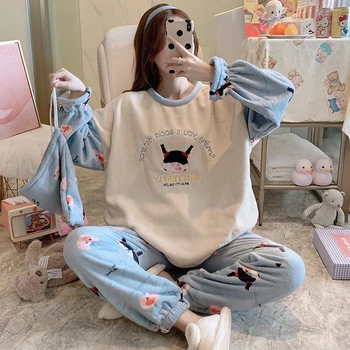 

2020 korean Flannel Warm Pajamas for Women Long Sleeve Home Suit Ladies sleepwear cartoon Velvet Pajama set Thick Warm Pyjamas