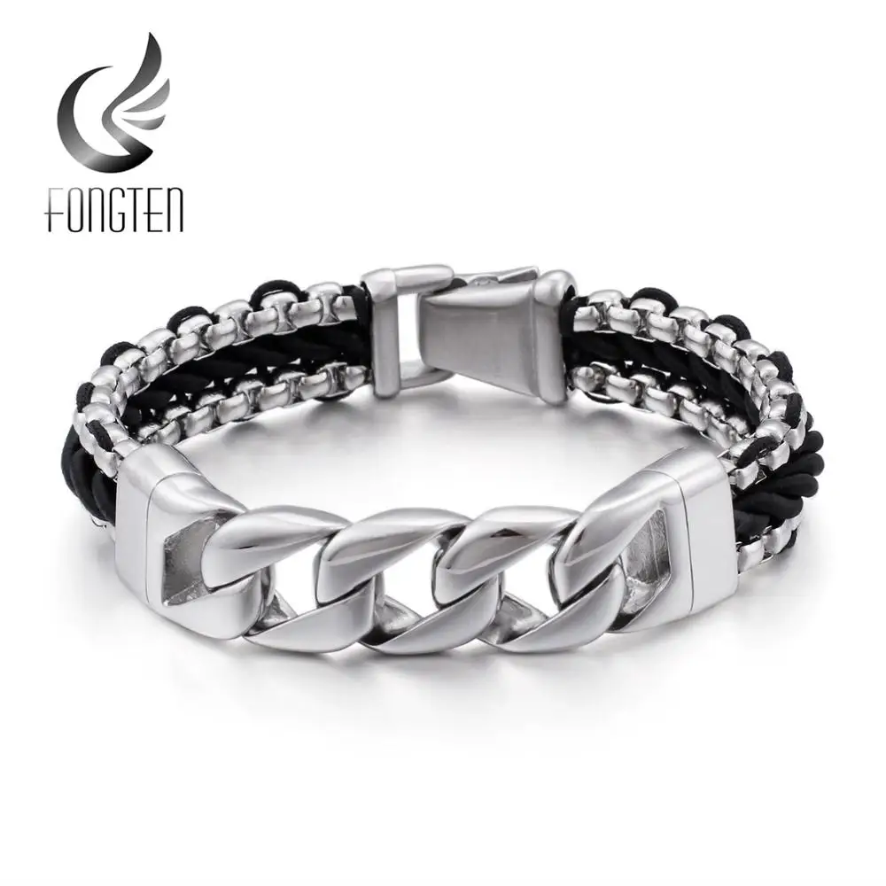 Fongten черный браслет из воловьей кожи Серебряный браслет из нержавеющей стали кожаный браслет для мужчин ювелирные изделия