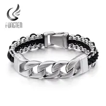 Fongten черный браслет из воловьей кожи Серебряный браслет из нержавеющей стали кожаный браслет для мужчин ювелирные изделия
