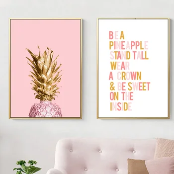 

Bird Pink Golden Pineapple Wall Art Canvas Painting Quotes Nordic Posters And Prints Fruit Wall pictures For Living Room Decor