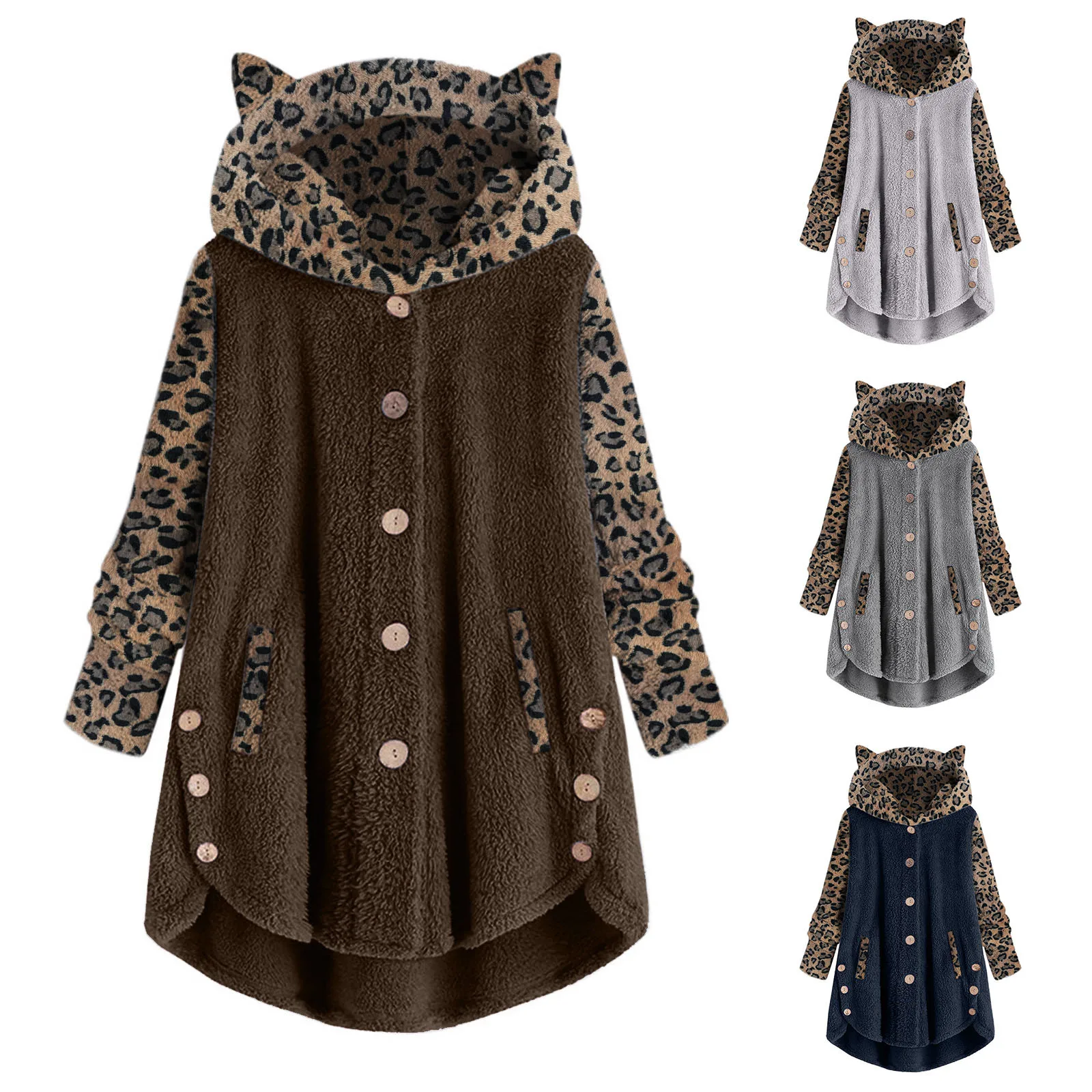 Womens Faux Fur Jacket Coat Cat Ear Button Loose Hooded Coat Winter