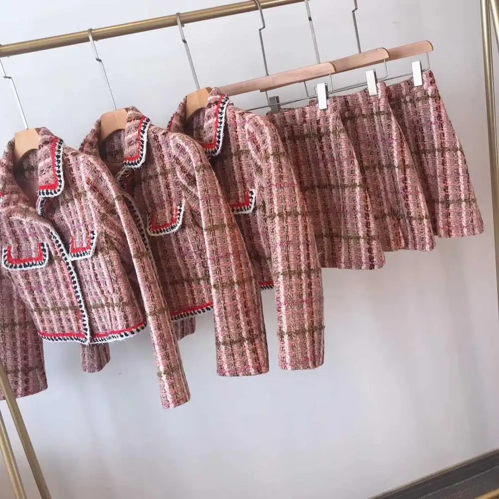 High Quality Tweed 2 Piece Set Fall Designer Pink Plaid Tweed Jacket Skirt Suit Single Breasted Wool Coat& One Step Skirt