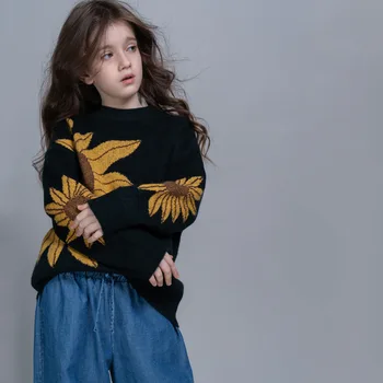 

Sunflower Print Sweaters For Children Girls Autumn Winter Long Sleeve 100% Cotton Pullovers Soft Comfortable Knit Tops Sweater