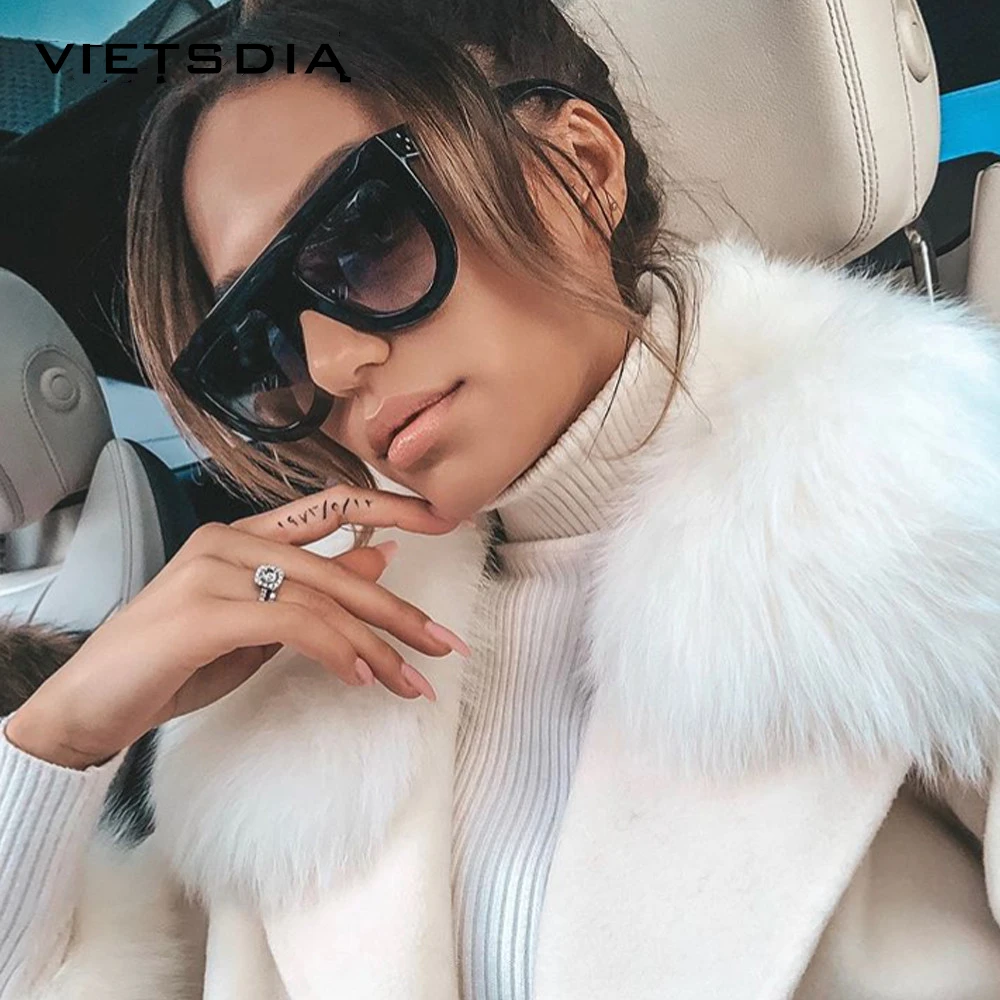 

VIETSDIA Kim Kardashian Sunglasses Women Luxury Brand Designer Retro Vintage Sun Glasses Female One Piece Black Flat Top Shades