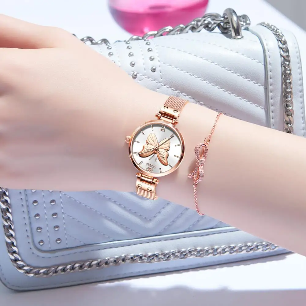 OLEVS часы женские роскошные бабочка браслет из розового золота сетка кварцевые часы водонепроницаемые натуральная кожа наручные часы повседневные Элегантные