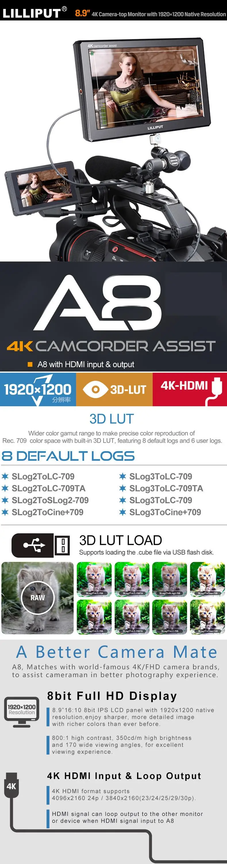 Lilliput A8 8,9 дюймов 8," 4 K монитор камеры ips Full HD 1920x1200 3D-LUT HDMI накамерный видео монитор поля