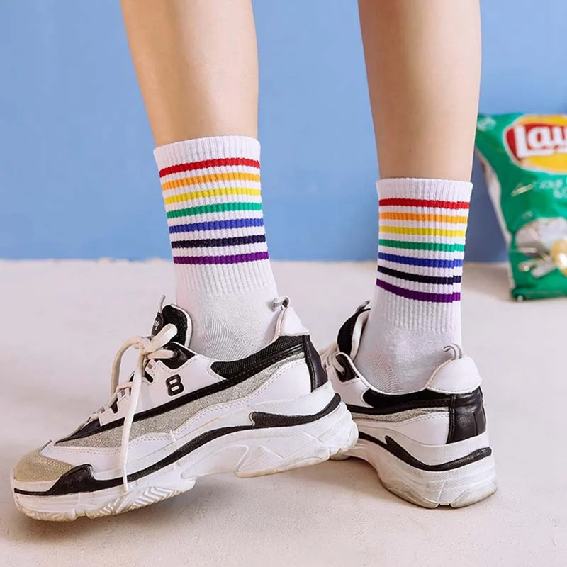 Зимние носки унисекс радужные полосатые носки рождественские Модные теплые рождественские повседневные хипстерские Чулочные изделия