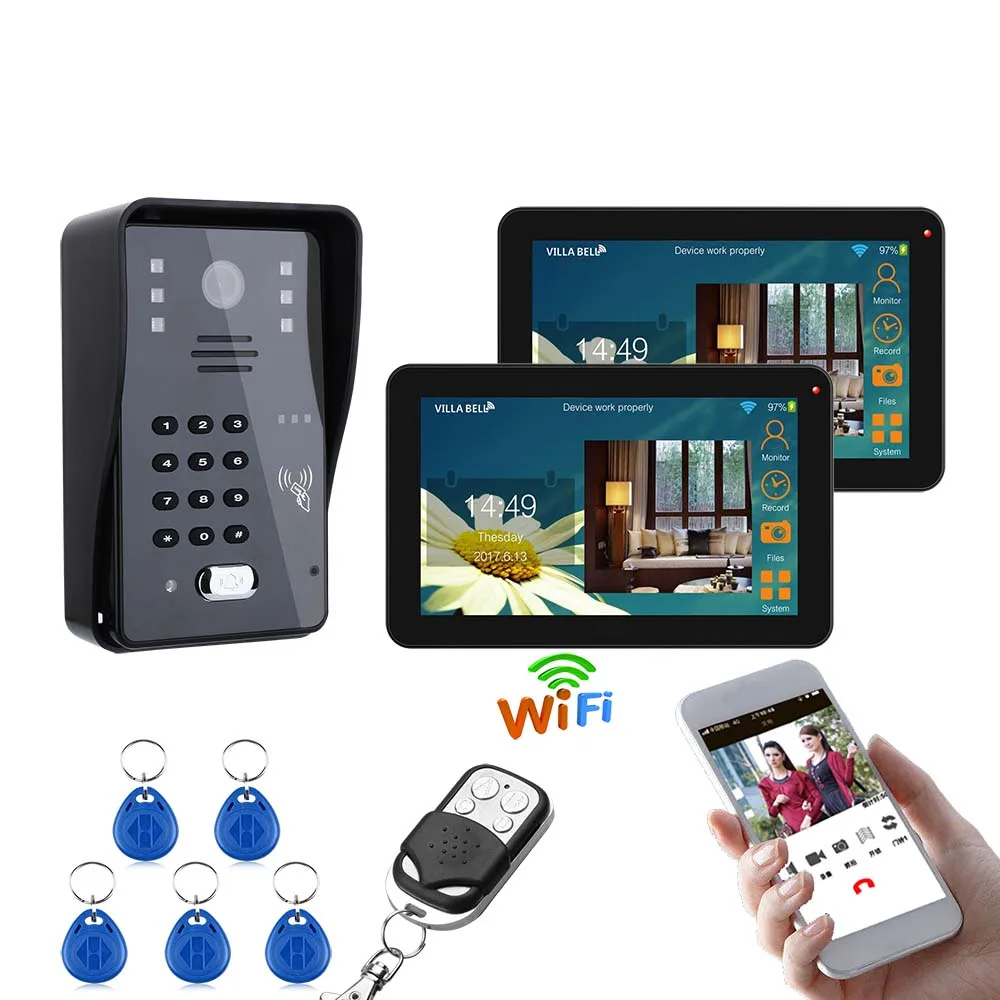 9 inch 2 Monitors Wired / Wireless Wifi RFID Password Video Door Phone Doorbell Intercom System with IR-CUT 1000TVL IR Camera