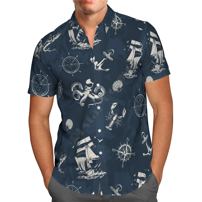 Hawaii Shirt Hawaiian beach Summer Ship Compass Anchor 3D Printed Men's Shirt Harajuku Tee hip hop Casual shirts 01