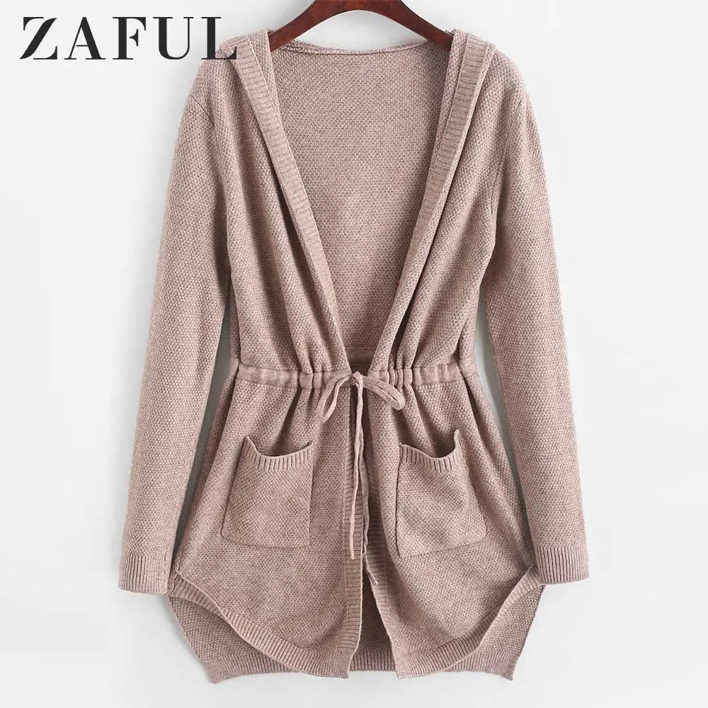 

ZAFUL Longline Hooded Drawstring Pockets Cardigan Long Sweaters Open Stitch Autumn Winter Warm Sweaters Women Clothes 2019