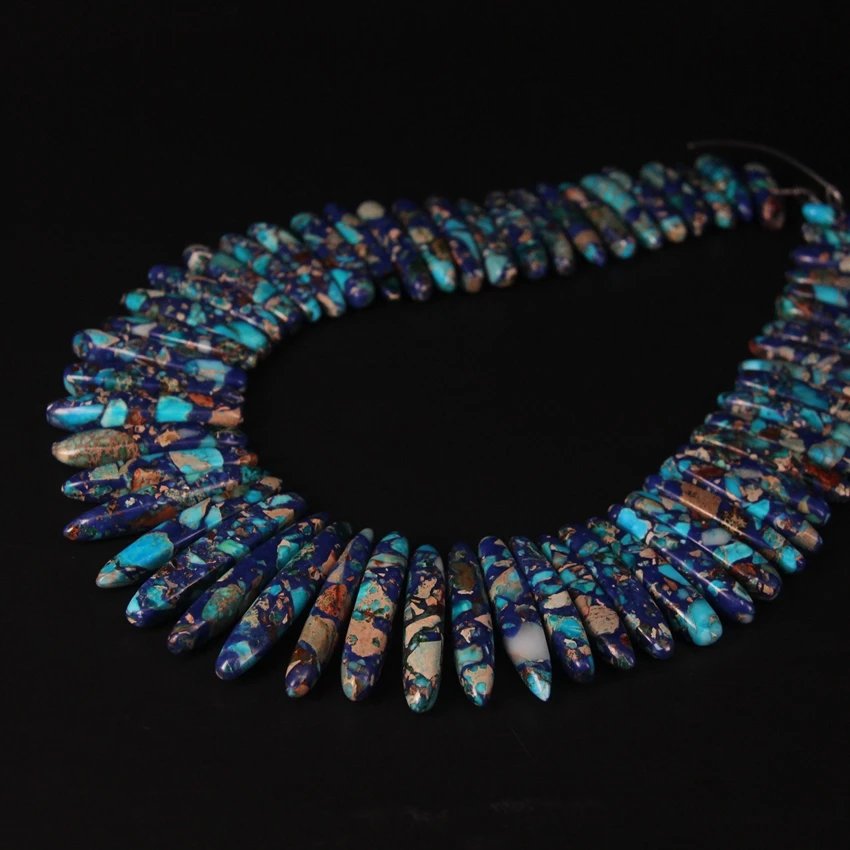 

15.5"strand Blue Imperial Emperor Stone Top Drilled Stick Slice Beads Bulk,Sea Sediment Jaspers Point Bullet Pendant Necklaces