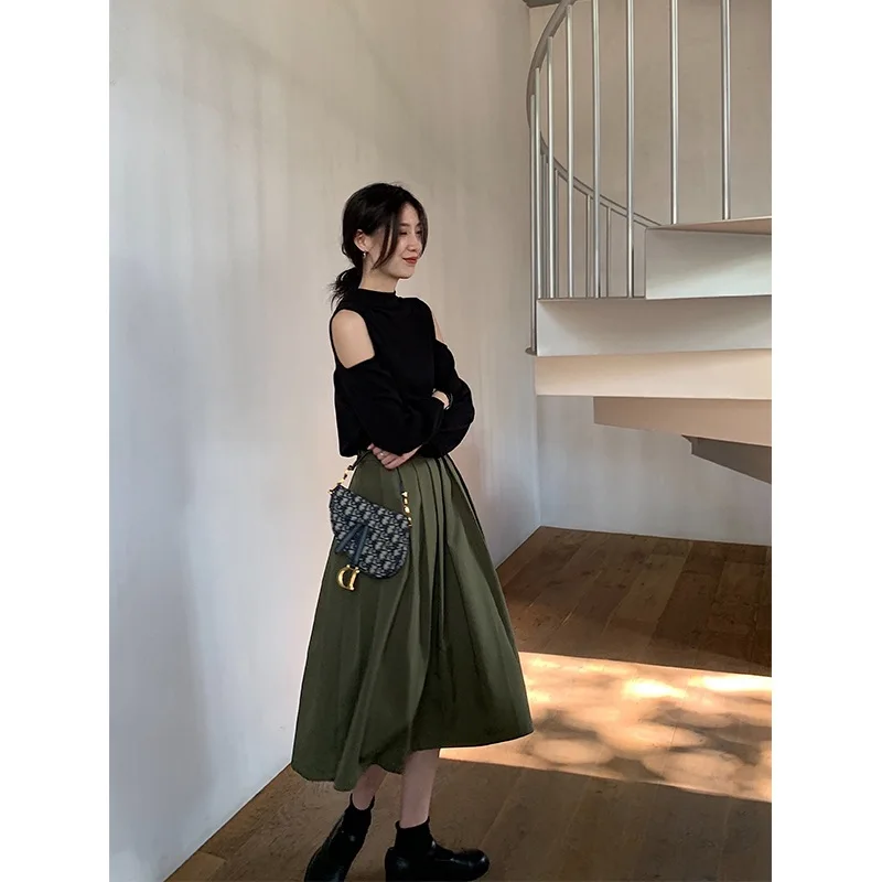 

Black And White with Pattern High-waisted Pleated Skirt 2019 New Style College Style Elegant Slimming Mid-length Skirt