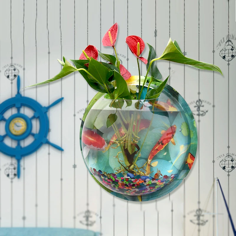 

With 3D Image Acrylic Wall-mounted Fish Tank Flower Pots Decorative Plant Pots Wall Hanging Decor Pot Round Shape Home Decor
