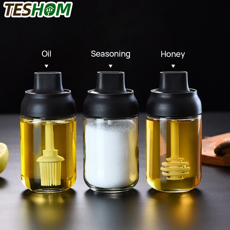 

250ml Seasoning Bottles Glass Condiment Storage Containers Condiment Pot Spice jar with Spoon Honey Pot Oil Brush Bottle