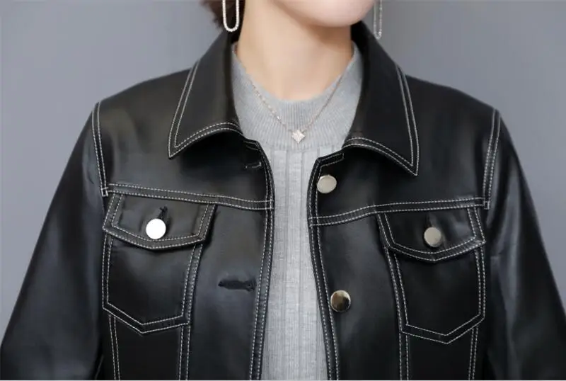 Plus Size Women's Leath Jacket Spring New Female Leather Clothing Short Slim Motorcycle Leather Coat Women Outerwear Black