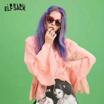 

ELFSACK Brown Solid Ruffled Casual Chiffon Blouse Women 2020 Spring Vintage Butterfly Sleeve Korean Style Girly Sweet Daily Tops