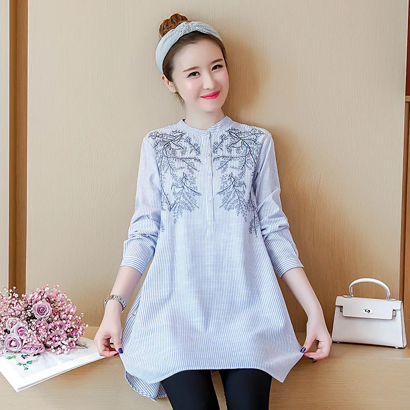 

Maternity Clothes 2019 Early Spring New Style Stripes Embroidery Shirt Loose And Plus-sized Pregnant Women Dress