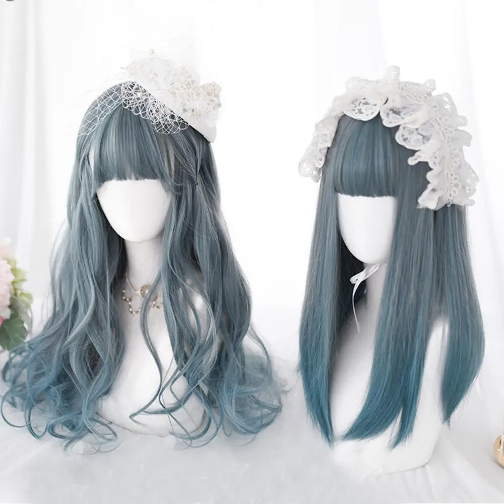 CosplayMix 50CM/65CM Lolita Long Wavy Mixed Ash Blue Ombre Bangs Cute Halloween Synthetic Party Cosplay Wig+Cap | Тематическая